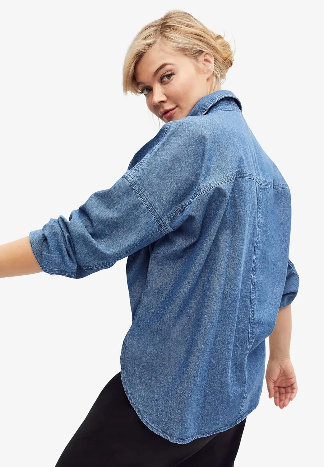 ellos Plus Size Oversized Button-Front Denim Shirt