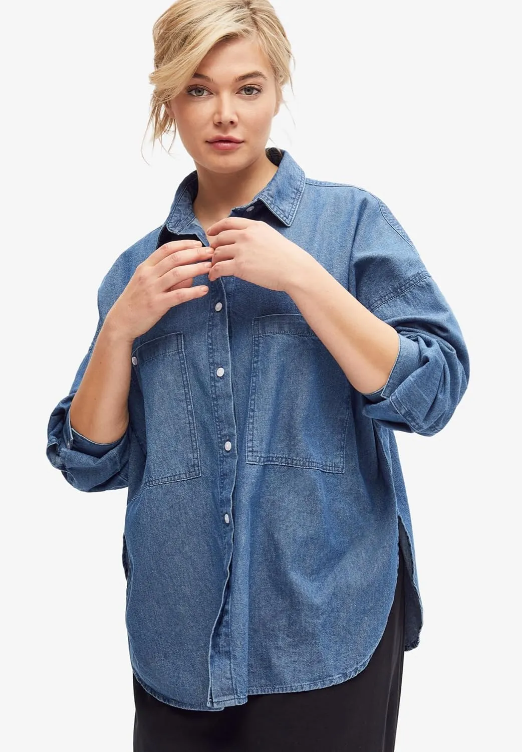 ellos Plus Size Oversized Button-Front Denim Shirt
