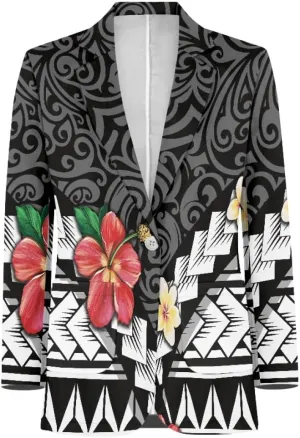 ENLACHIC Men's Casual Blazer Jackets Polynesian Floral Printed Long Sleeve Lapel One Button Business Suit Jacket