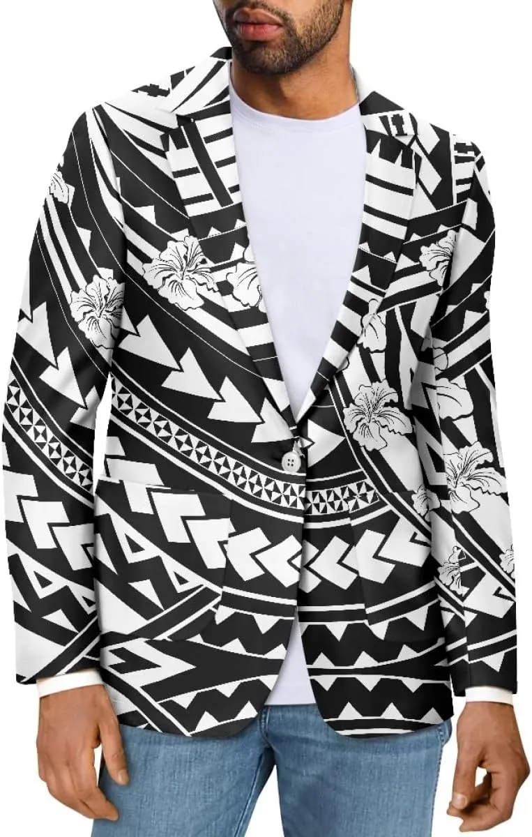 ENLACHIC Men's Casual Blazer Jackets Polynesian Floral Printed Long Sleeve Lapel One Button Business Suit Jacket