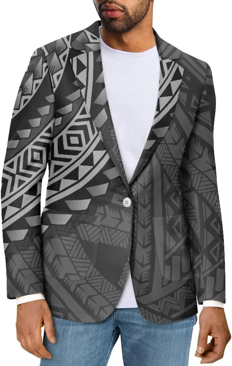ENLACHIC Men's Casual Blazer Jackets Polynesian Floral Printed Long Sleeve Lapel One Button Business Suit Jacket