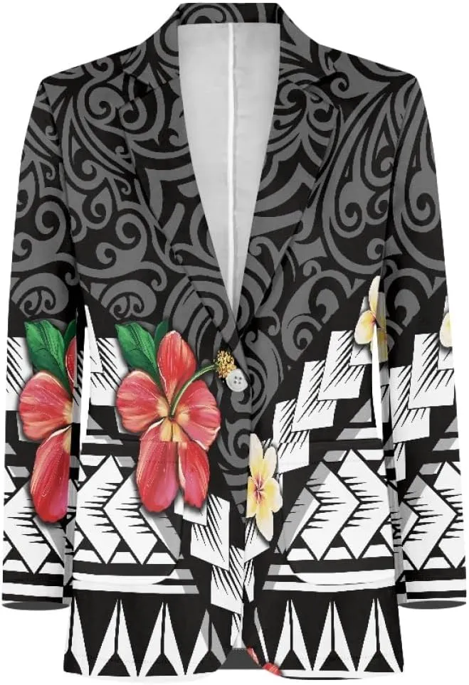 ENLACHIC Men's Casual Blazer Jackets Polynesian Floral Printed Long Sleeve Lapel One Button Business Suit Jacket