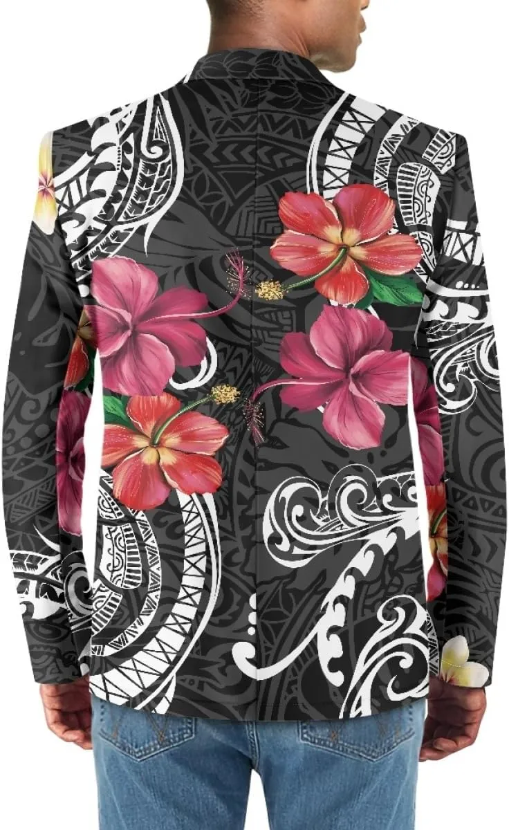 ENLACHIC Men's Casual Blazer Jackets Polynesian Floral Printed Long Sleeve Lapel One Button Business Suit Jacket