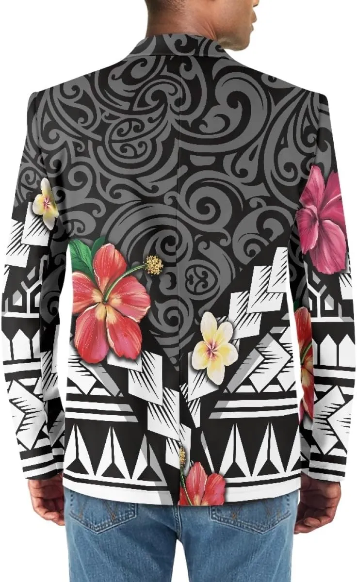 ENLACHIC Men's Casual Blazer Jackets Polynesian Floral Printed Long Sleeve Lapel One Button Business Suit Jacket