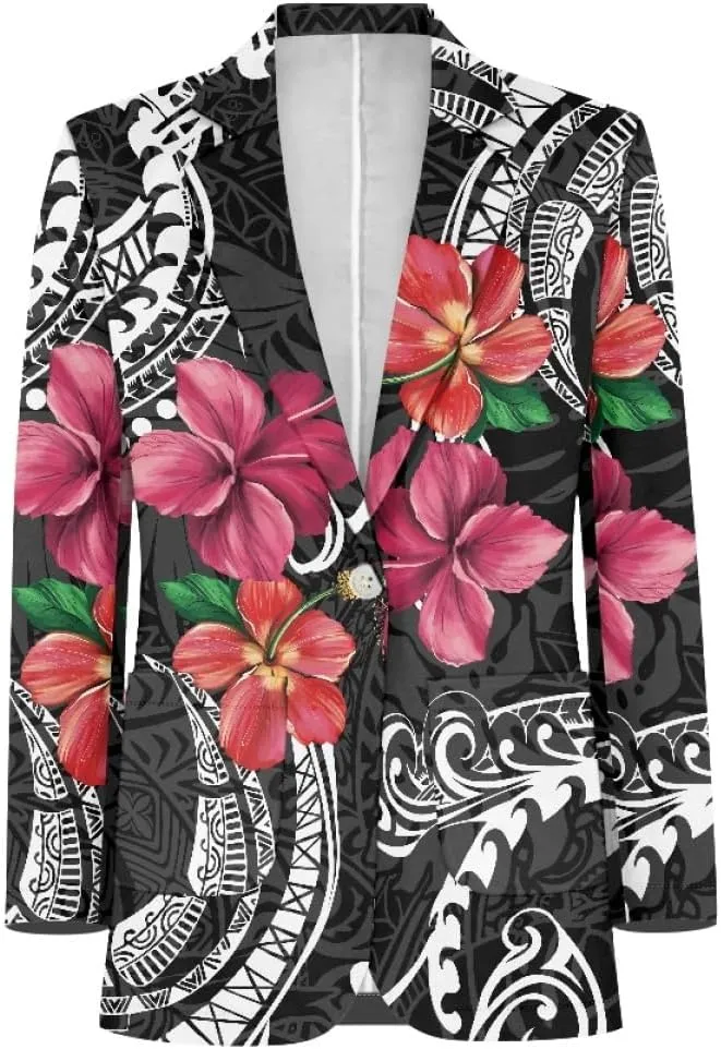 ENLACHIC Men's Casual Blazer Jackets Polynesian Floral Printed Long Sleeve Lapel One Button Business Suit Jacket