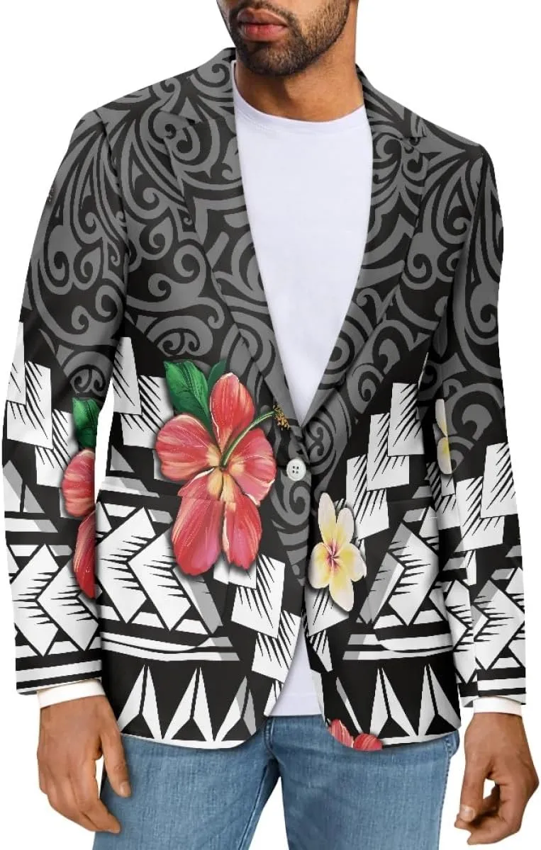 ENLACHIC Men's Casual Blazer Jackets Polynesian Floral Printed Long Sleeve Lapel One Button Business Suit Jacket