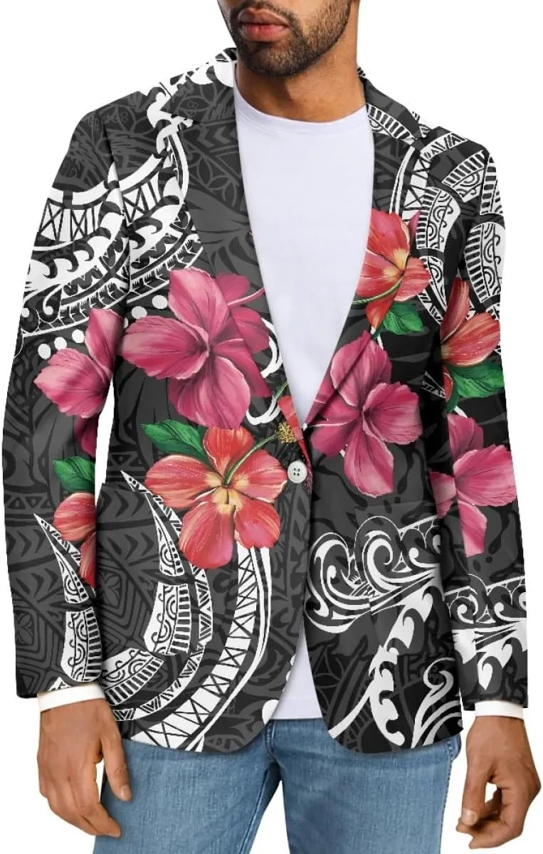 ENLACHIC Men's Casual Blazer Jackets Polynesian Floral Printed Long Sleeve Lapel One Button Business Suit Jacket