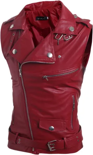 ERTG Men Motorcycle Jacket Men'S Leather Vest Korean Version Slim Fit Multi Zip Lapel Short Leather Coat Work Coats For Men Big And Tall (Red, L) Black Hooded Sweatshirts