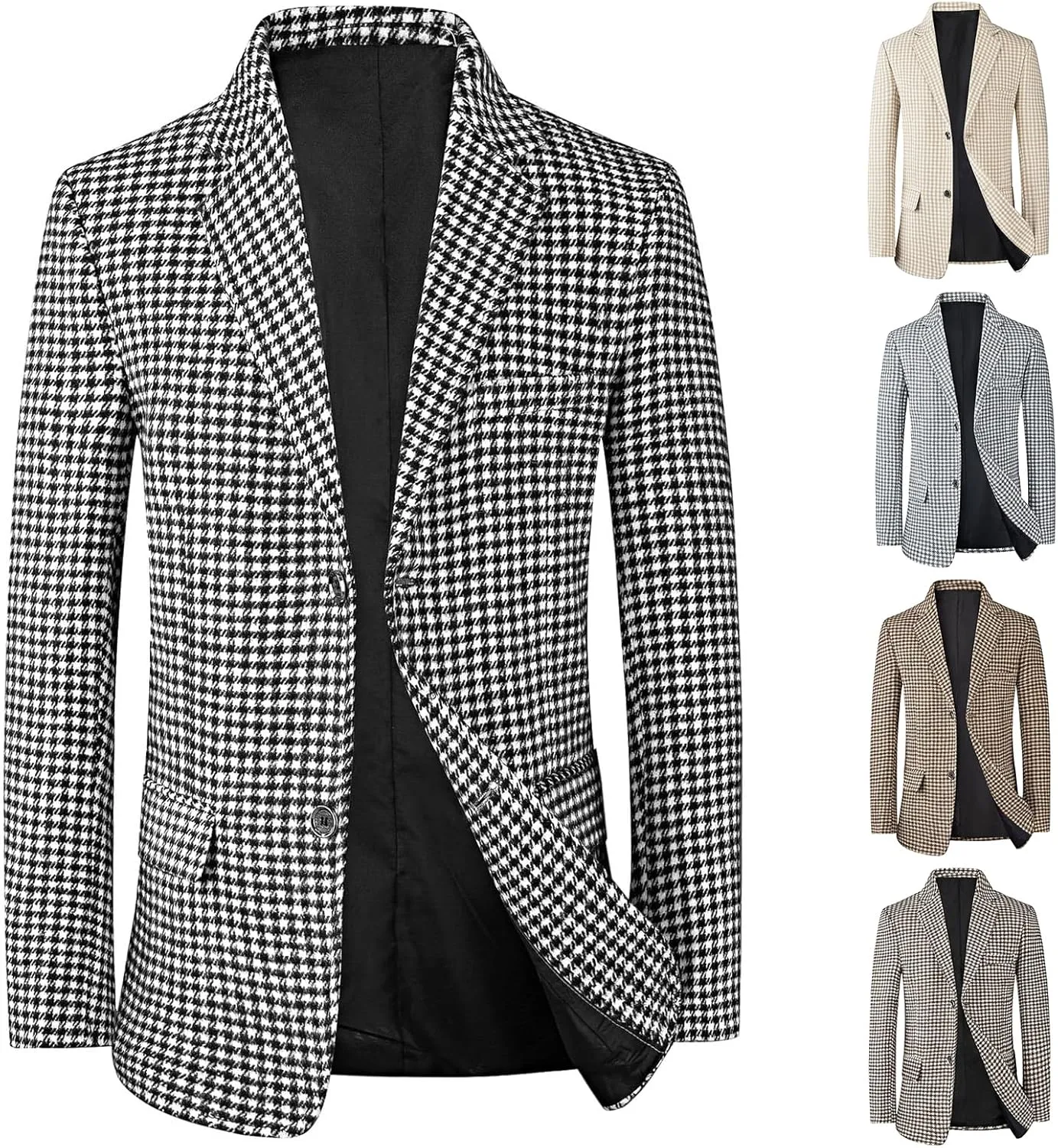 evzosrz Men's Houndstooth Blazers Classic Slim Fit Business Two Button Plaid Tuxedo Prom Wedding Groom Suits Jackets Coats