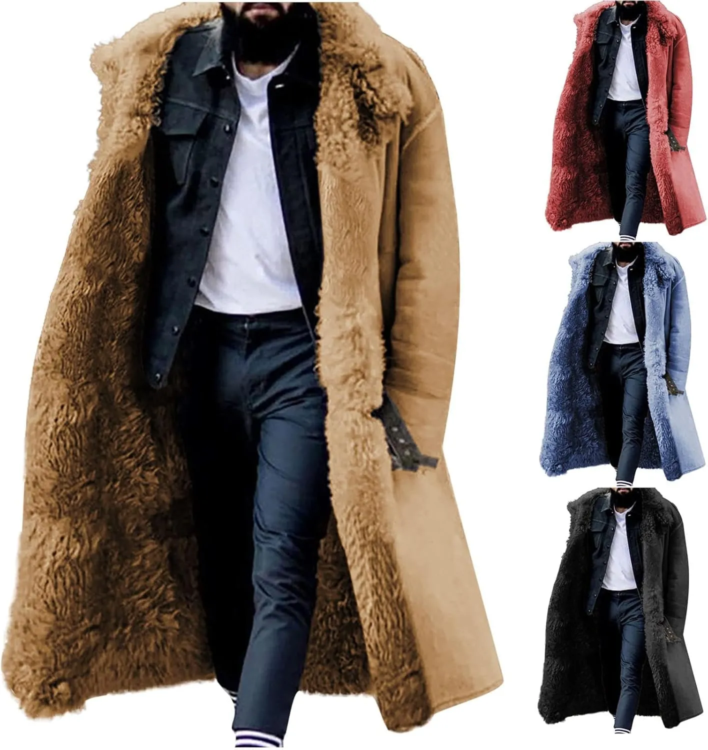 evzosrz Mens Sherpa Lined Long Jackets Faux Leather Shearling Fur Collar Jacket Trench Coats Sheepskin Fleece Winter Coat
