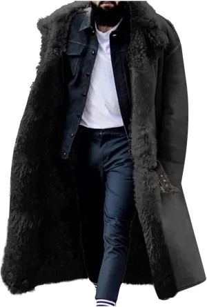 evzosrz Mens Sherpa Lined Long Jackets Faux Leather Shearling Fur Collar Jacket Trench Coats Sheepskin Fleece Winter Coat