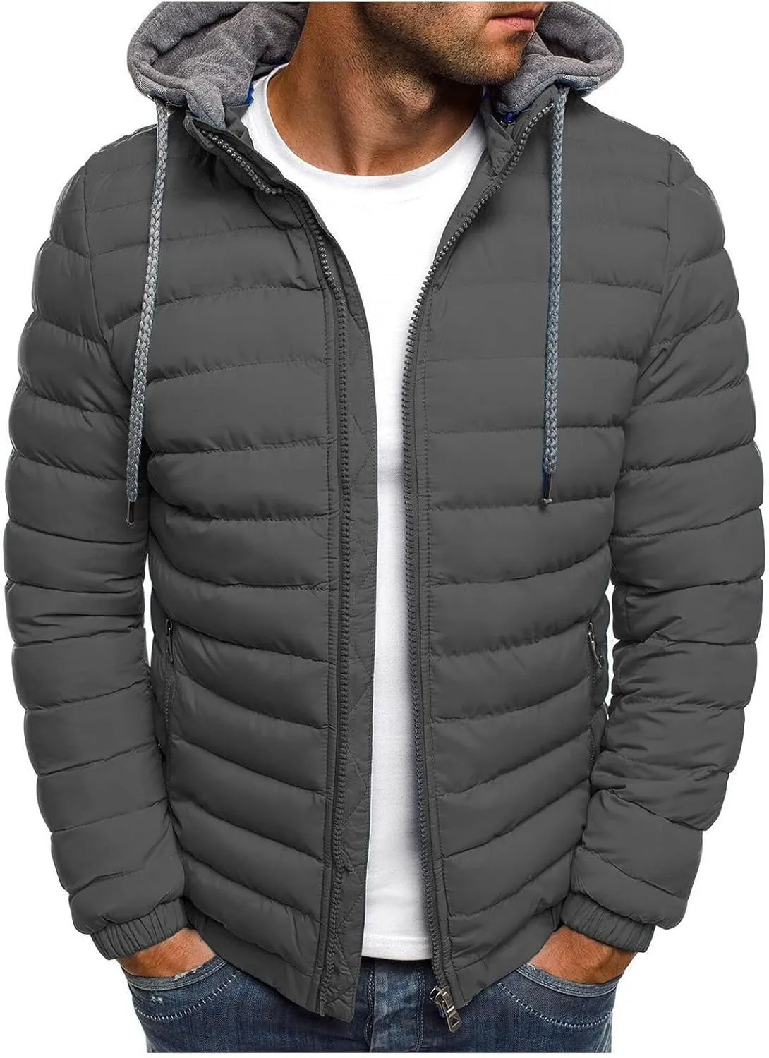 evzosrz Mens Zipper Jacket Warm Thick Leisure Cotton-padded Sweatshirt Long Sleeve Autumn Winter Hooded Coat with Pocket