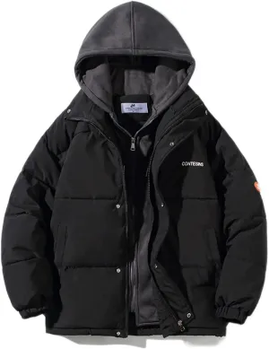 Fake Two Piece Men's Hooded Unisex Korean Cotton Padded Jacket Winter Warm Male Thicken Coats Solid Down Jacket