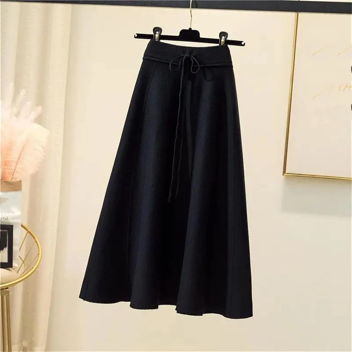 Fashion Winter Women's Solid Wool Elastic High Waist Lacing Pleated Office Lady Mid-Length A-line Knitted Skirt