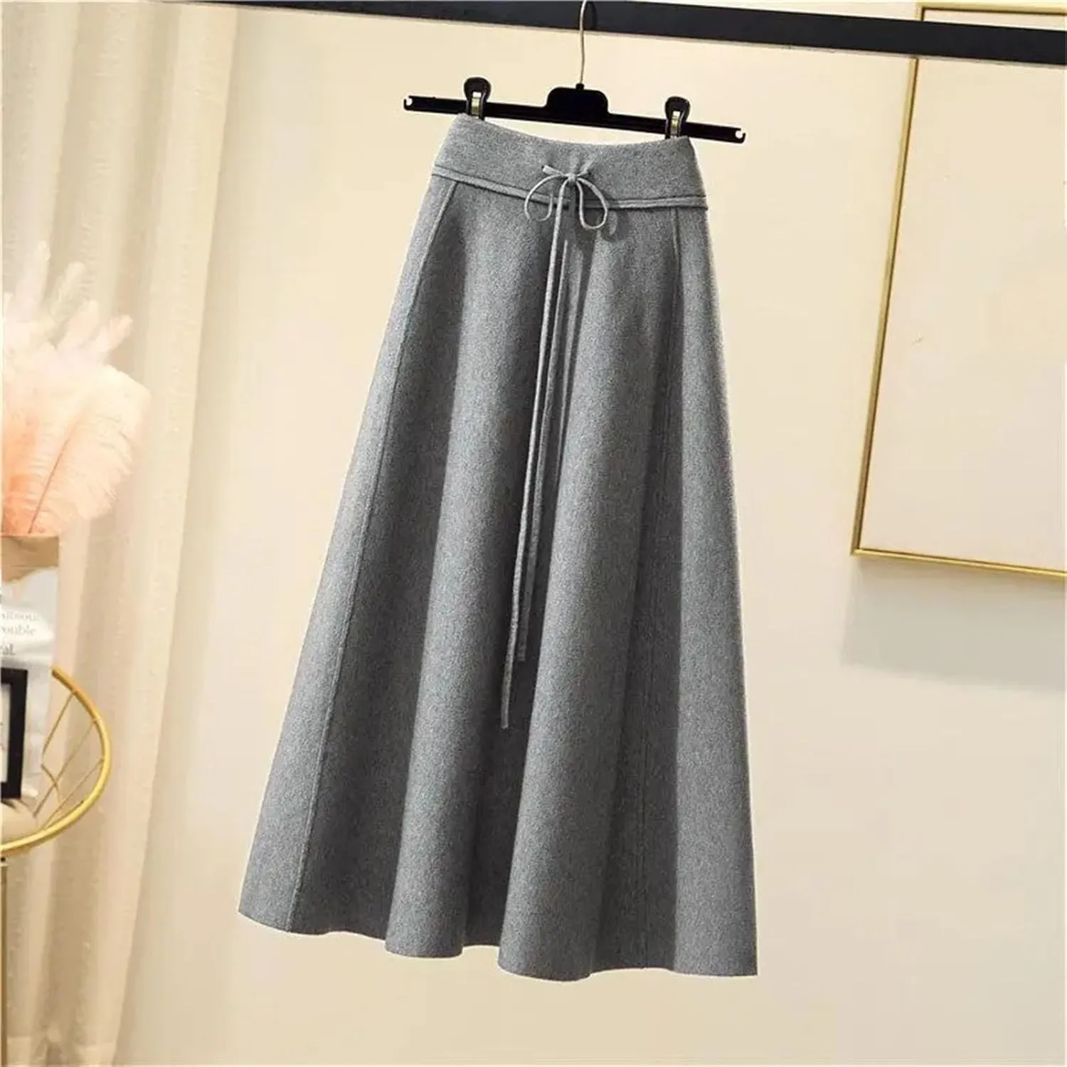 Fashion Winter Women's Solid Wool Elastic High Waist Lacing Pleated Office Lady Mid-Length A-line Knitted Skirt