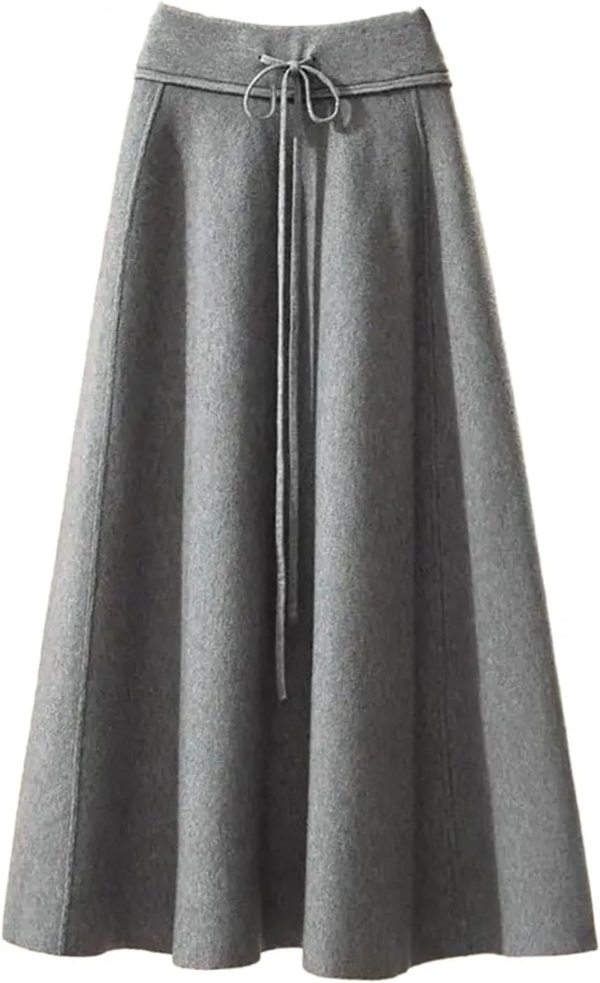 Fashion Winter Women's Solid Wool Elastic High Waist Lacing Pleated Office Lady Mid-Length A-line Knitted Skirt