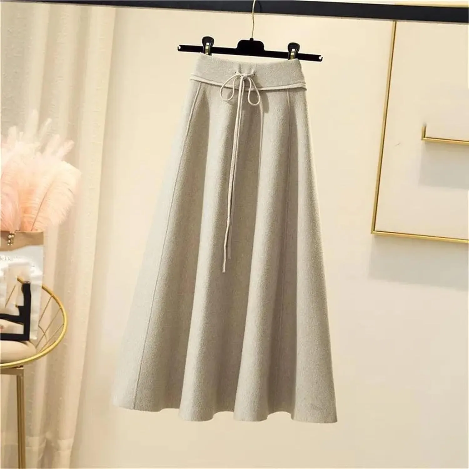 Fashion Winter Women's Solid Wool Elastic High Waist Lacing Pleated Office Lady Mid-Length A-line Knitted Skirt