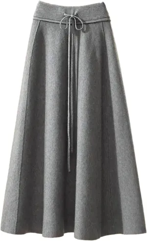 Fashion Winter Women's Solid Wool Elastic High Waist Lacing Pleated Office Lady Mid-Length A-line Knitted Skirt