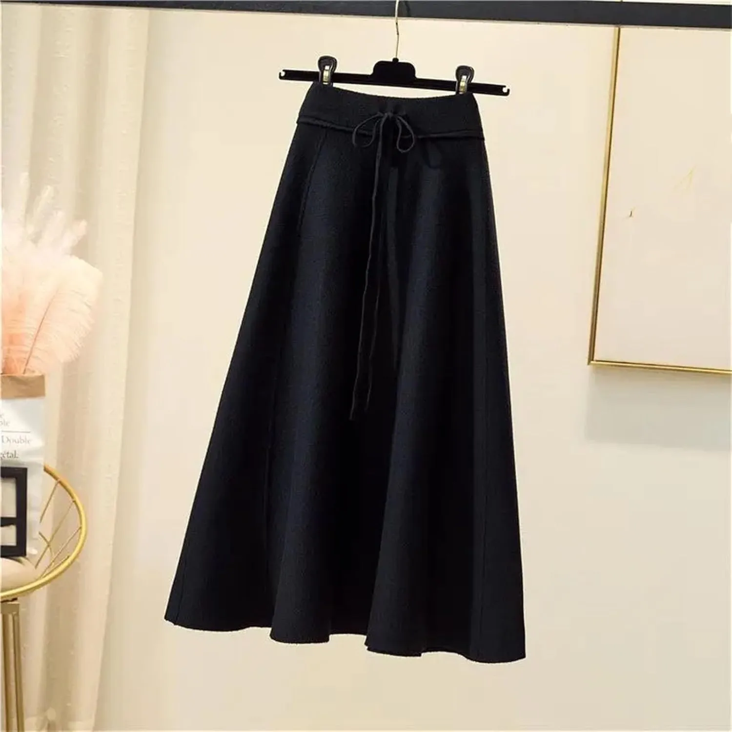 Fashion Winter Women's Solid Wool Elastic High Waist Lacing Pleated Office Lady Mid-Length A-line Knitted Skirt