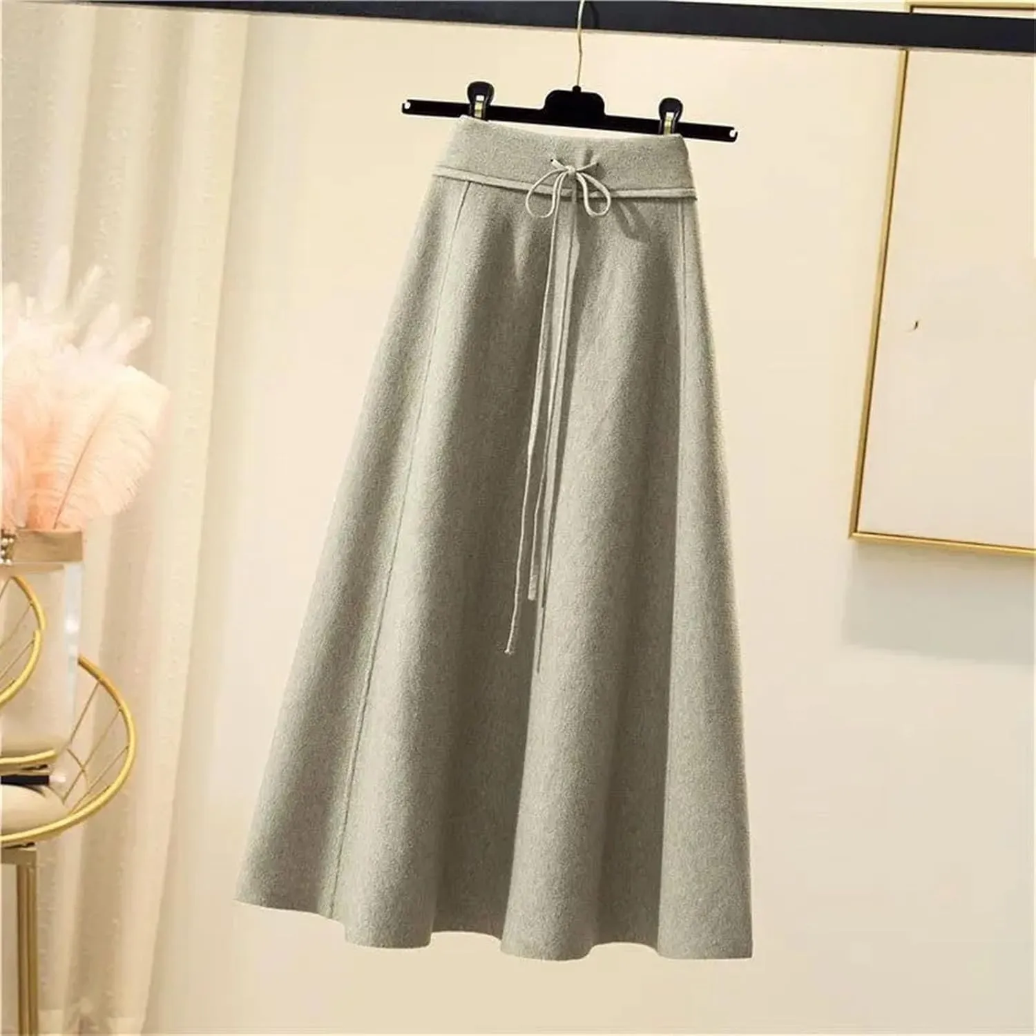 Fashion Winter Women's Solid Wool Elastic High Waist Lacing Pleated Office Lady Mid-Length A-line Knitted Skirt
