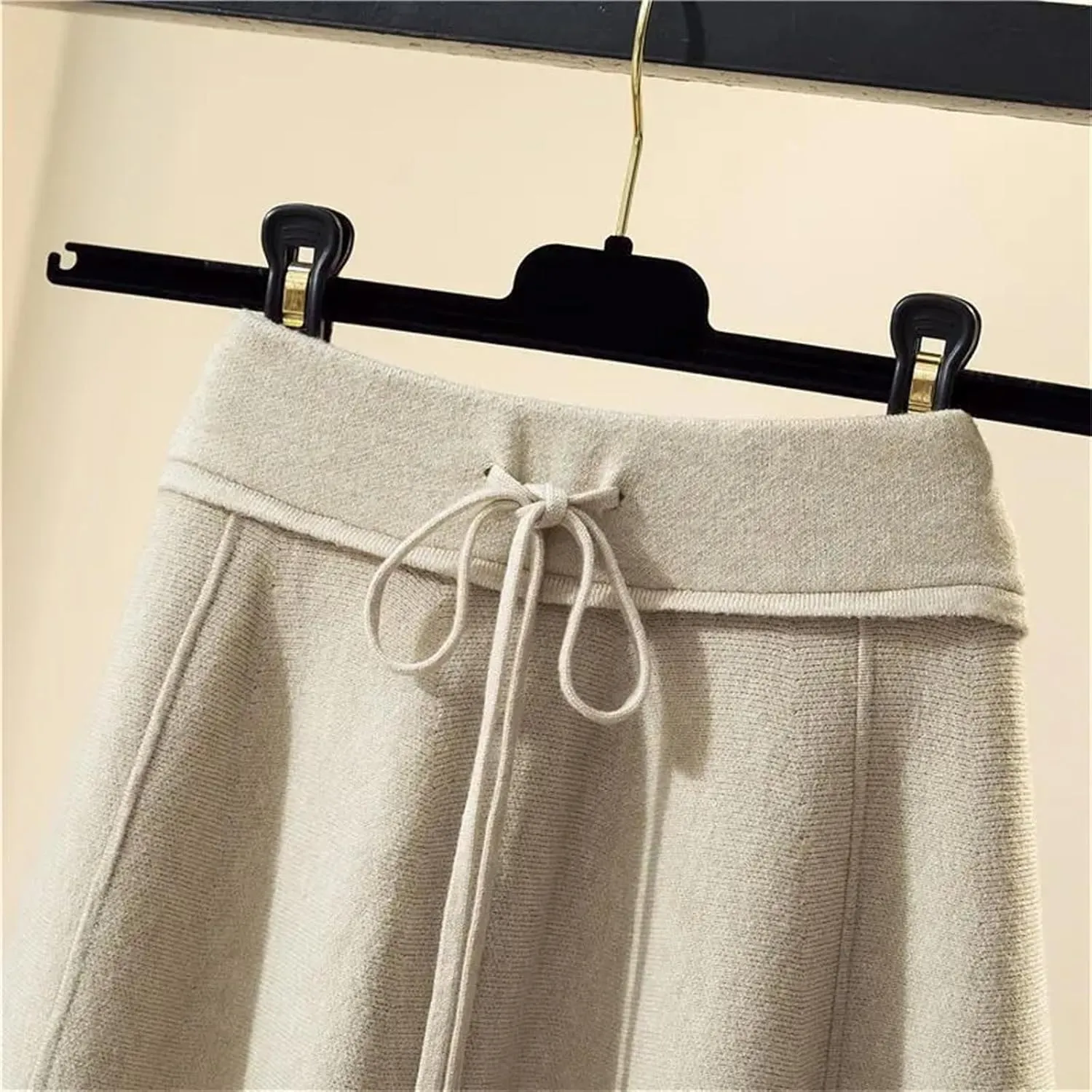 Fashion Winter Women's Solid Wool Elastic High Waist Lacing Pleated Office Lady Mid-Length A-line Knitted Skirt
