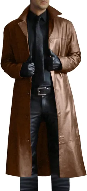 Faux Leather Jacket Men Full Length Trench Coat Notched Collar Long Jacket Vintage Motorcycle Coats Steampunk Overcoat