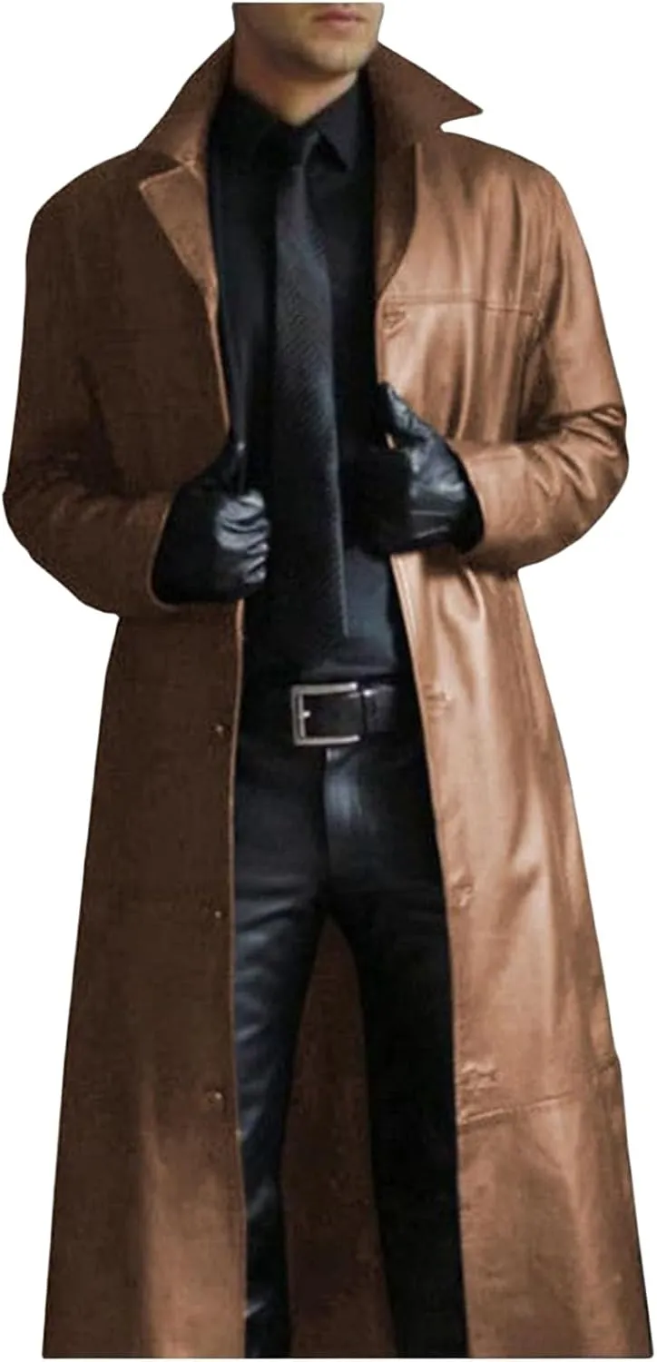 Faux Leather Jacket Men Full Length Trench Coat Notched Collar Long Jacket Vintage Motorcycle Coats Steampunk Overcoat