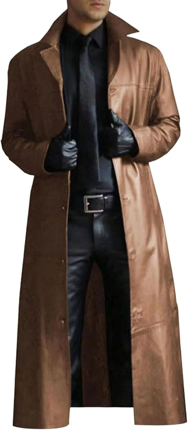 Faux Leather Jacket Men Full Length Trench Coat Notched Collar Long Jacket Vintage Motorcycle Coats Steampunk Overcoat