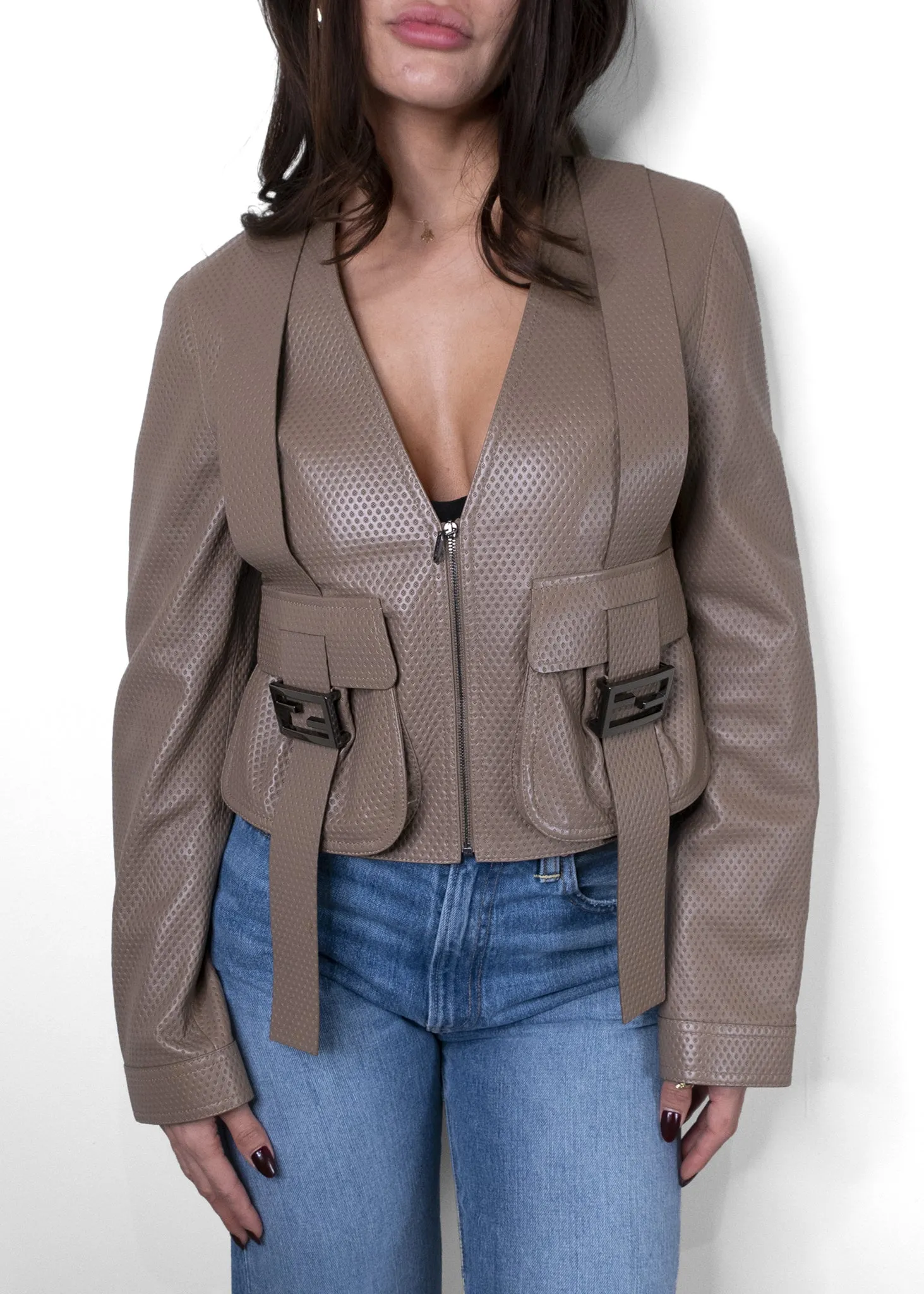 Fendi Perforated Leather Baguette Buckle Jacket
