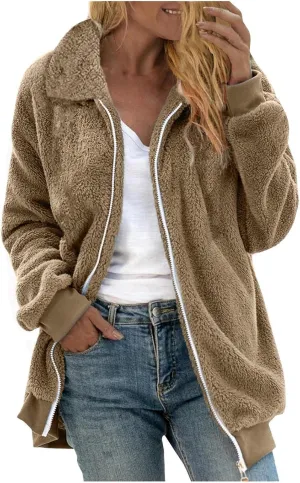 Fleece Jacket for Women Winter Warm Zip Up Stand Collar Coat Fluffy Sherpa Outerwear with Pockets