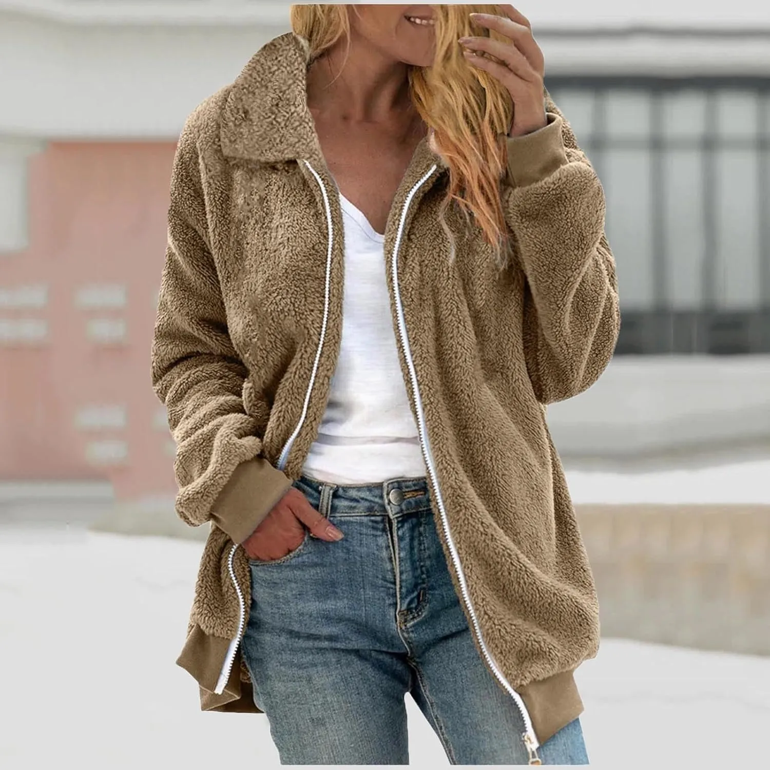 Fleece Jacket for Women Winter Warm Zip Up Stand Collar Coat Fluffy Sherpa Outerwear with Pockets