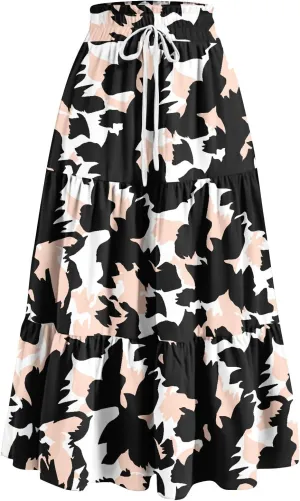 FlekmanArt Maxi Skirts for Women Trendy Summer A Line Long Skirt Drawstring High Waisted Tiered Flowy Pleated Skirt