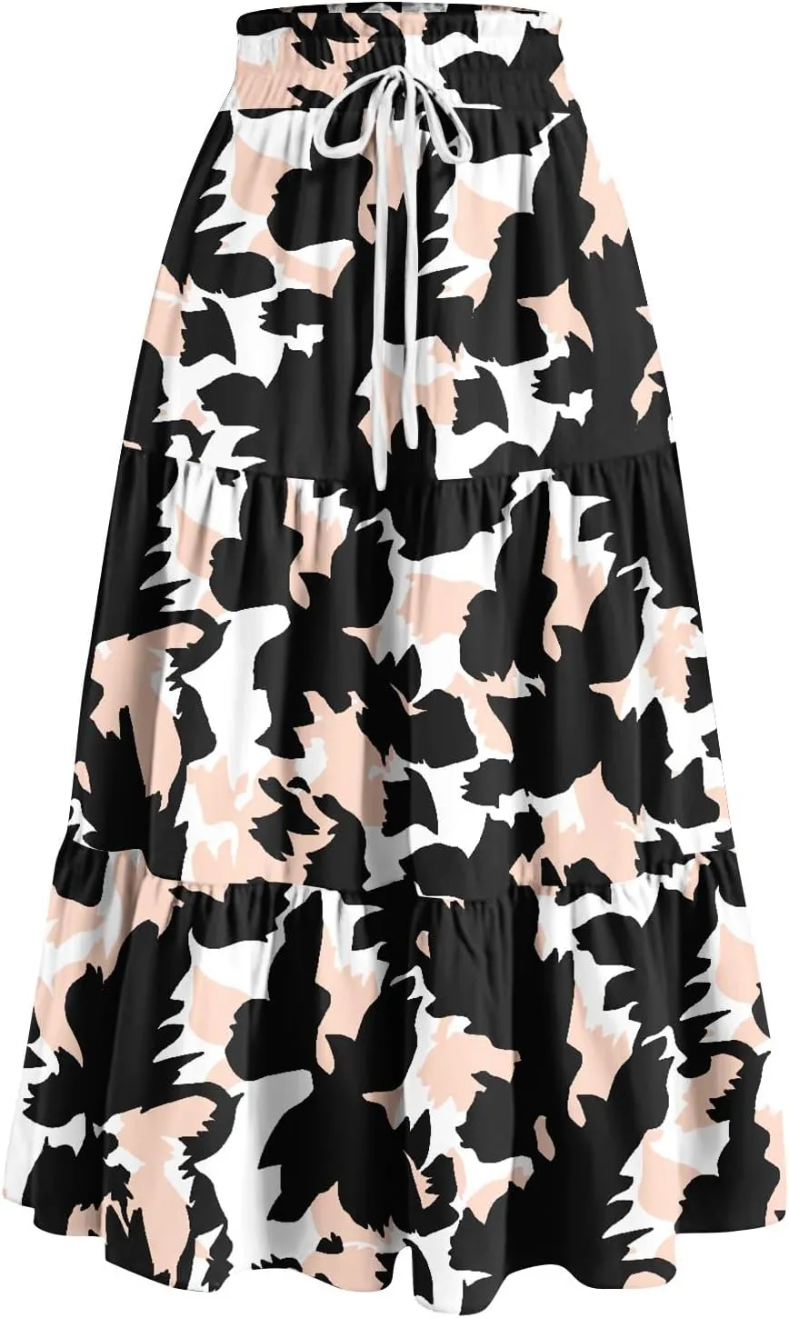 FlekmanArt Maxi Skirts for Women Trendy Summer A Line Long Skirt Drawstring High Waisted Tiered Flowy Pleated Skirt