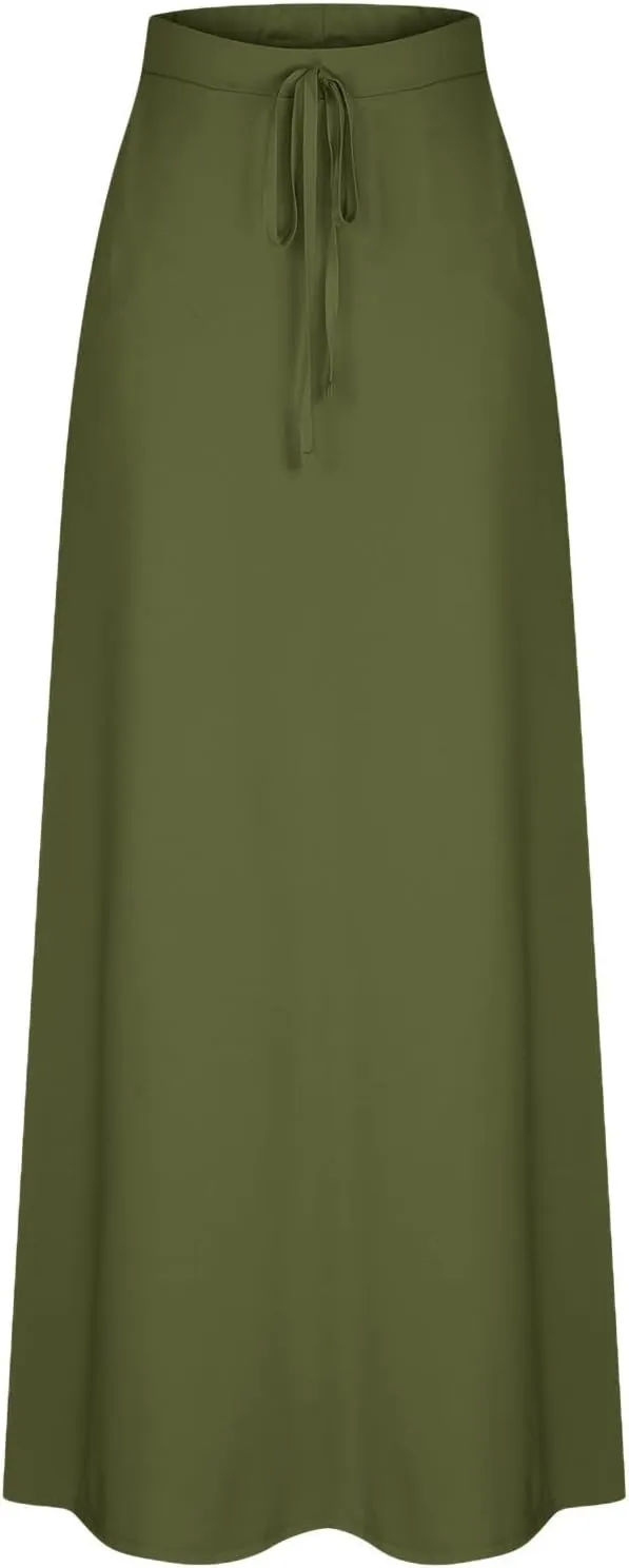 Flowy Plus Size Maxi Skirts for Women Elastic High Waisted Ankle Length Skirt Stretch A Line Drawstring Dress