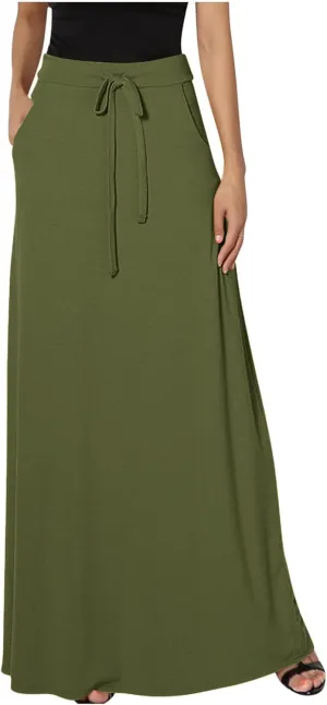 Flowy Plus Size Maxi Skirts for Women Elastic High Waisted Ankle Length Skirt Stretch A Line Drawstring Dress