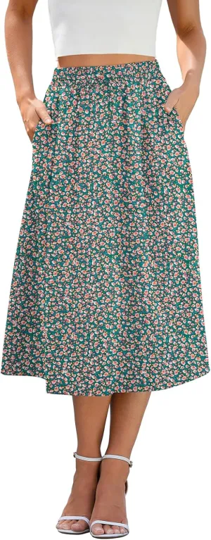 Flowy Skirt Midi Length Elastic High Waist A-Line Skirt with Pockets Boho for Women 2025 Trendy(S-2XL)