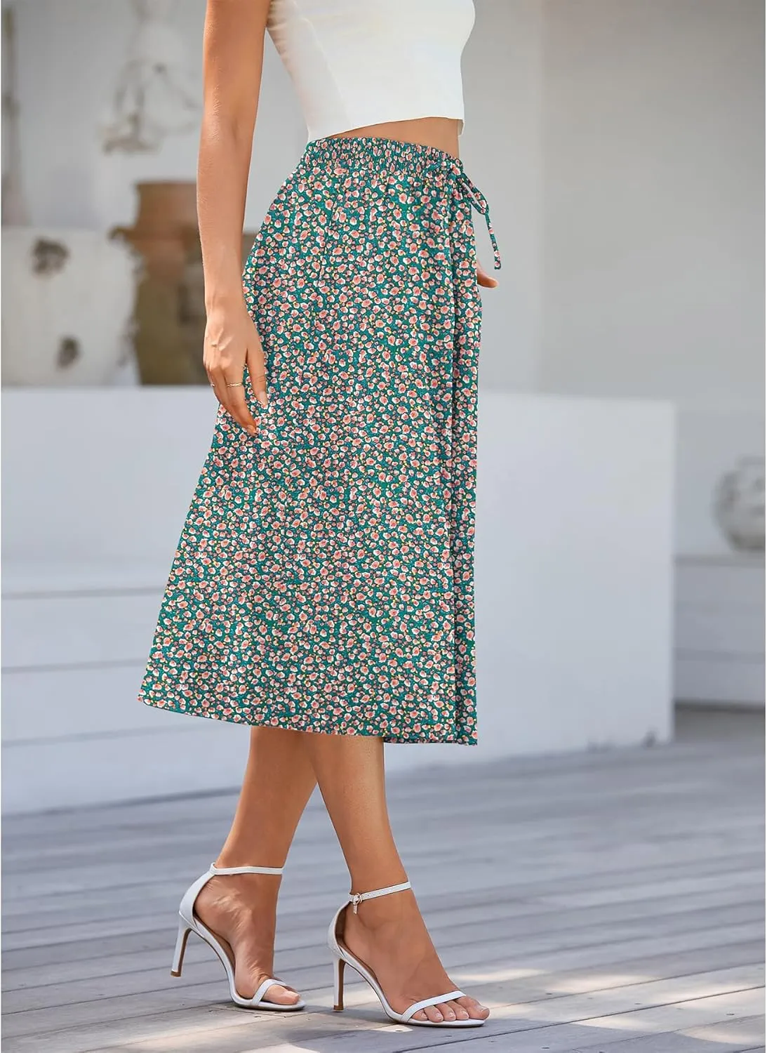 Flowy Skirt Midi Length Elastic High Waist A-Line Skirt with Pockets Boho for Women 2025 Trendy(S-2XL)