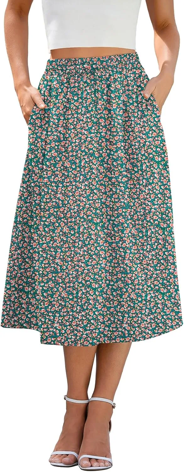 Flowy Skirt Midi Length Elastic High Waist A-Line Skirt with Pockets Boho for Women 2025 Trendy(S-2XL)