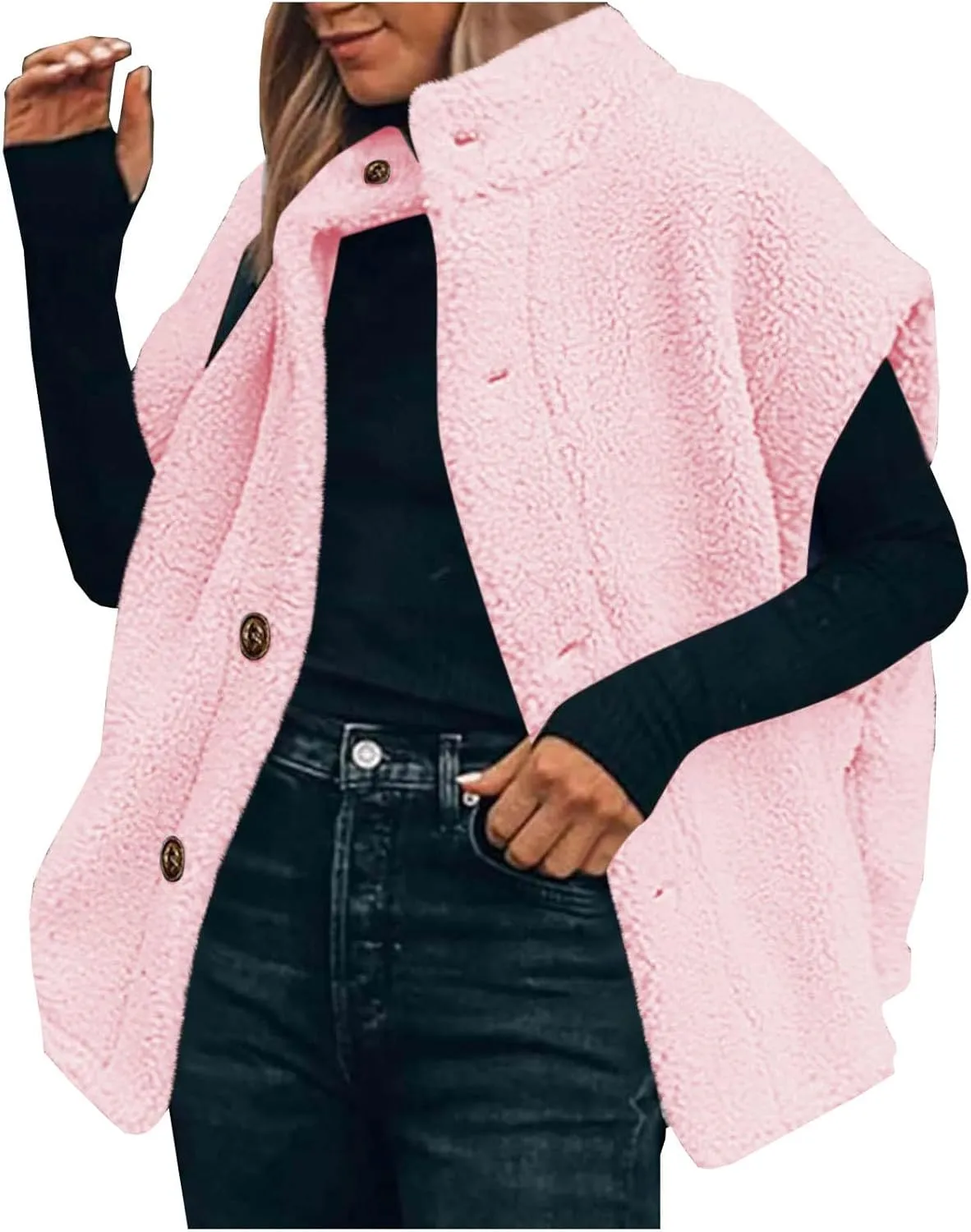 Fuzzy Fleece Vest for Women Casual Plus Size Button Down Sleeveless Jackets Loose Winter Warm Sherpa Vests Coat with Pockets