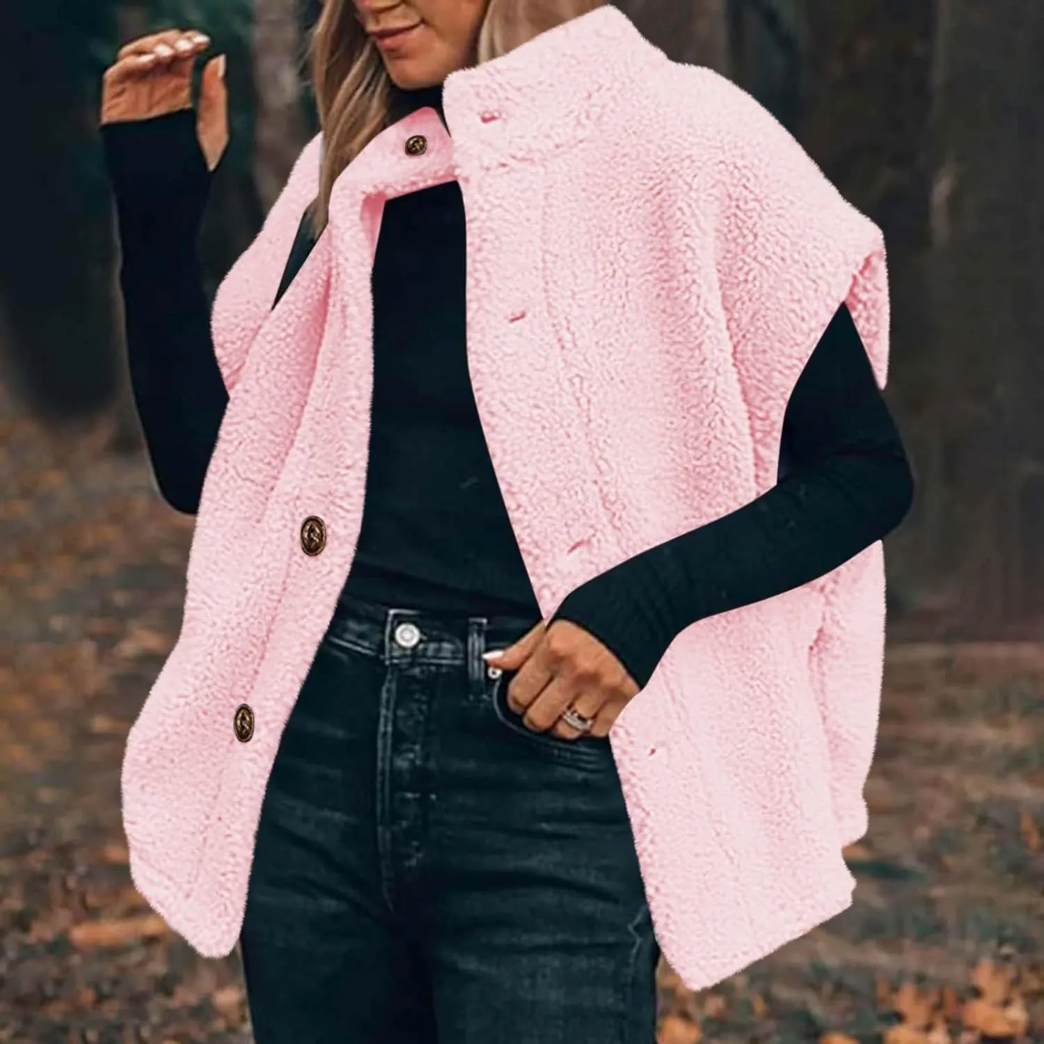 Fuzzy Fleece Vest for Women Casual Plus Size Button Down Sleeveless Jackets Loose Winter Warm Sherpa Vests Coat with Pockets