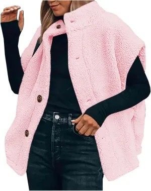 Fuzzy Fleece Vest for Women Casual Plus Size Button Down Sleeveless Jackets Loose Winter Warm Sherpa Vests Coat with Pockets