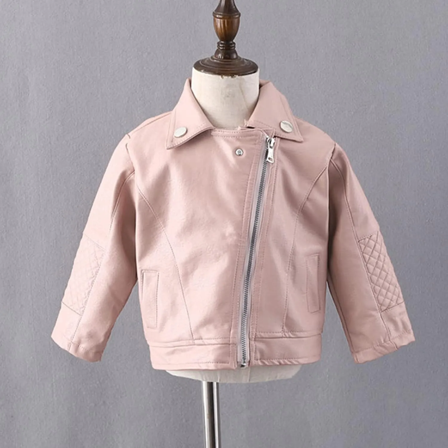 Girls Motorcycle Jackets Toddler PU Faux Leather Zipper Coat Turn-Down Collar Long Sleeve Crop Tops Fashion Outerwear