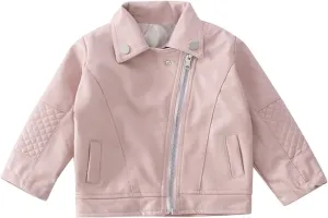Girls Motorcycle Jackets Toddler PU Faux Leather Zipper Coat Turn-Down Collar Long Sleeve Crop Tops Fashion Outerwear