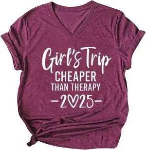 Girls Trip Cheaper Than Therapy Tshirt Women Funny Letter Print Short Sleeve V Neck T Shirt Summer Vacation Tees
