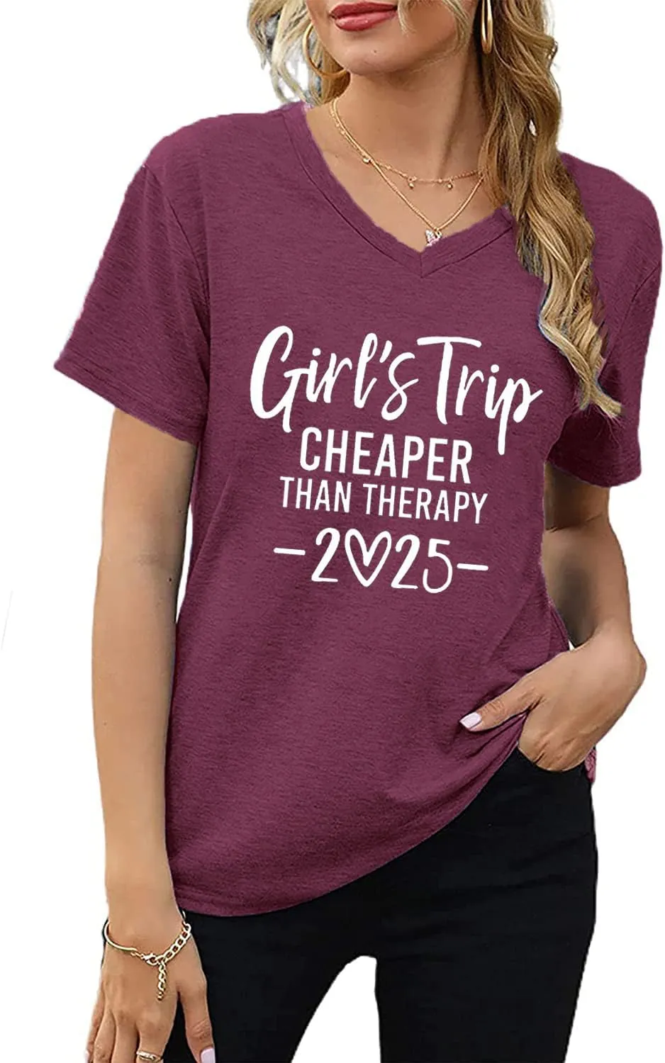 Girls Trip Cheaper Than Therapy Tshirt Women Funny Letter Print Short Sleeve V Neck T Shirt Summer Vacation Tees