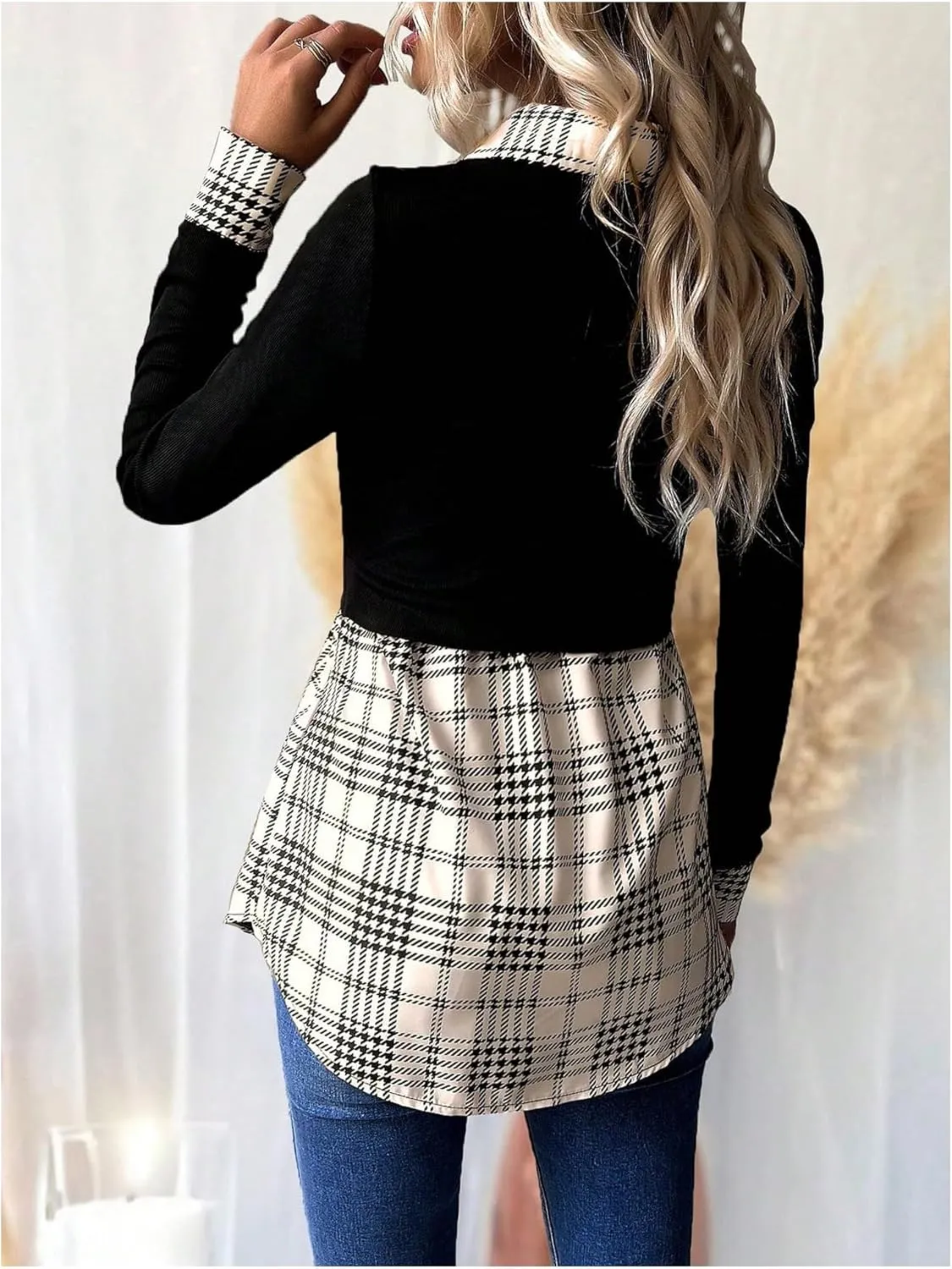 GORGLITTER Women's Button Down Patchwork 2 in 1 Peplum Blouse Top Long Sleeve Collared Tunics Shirt