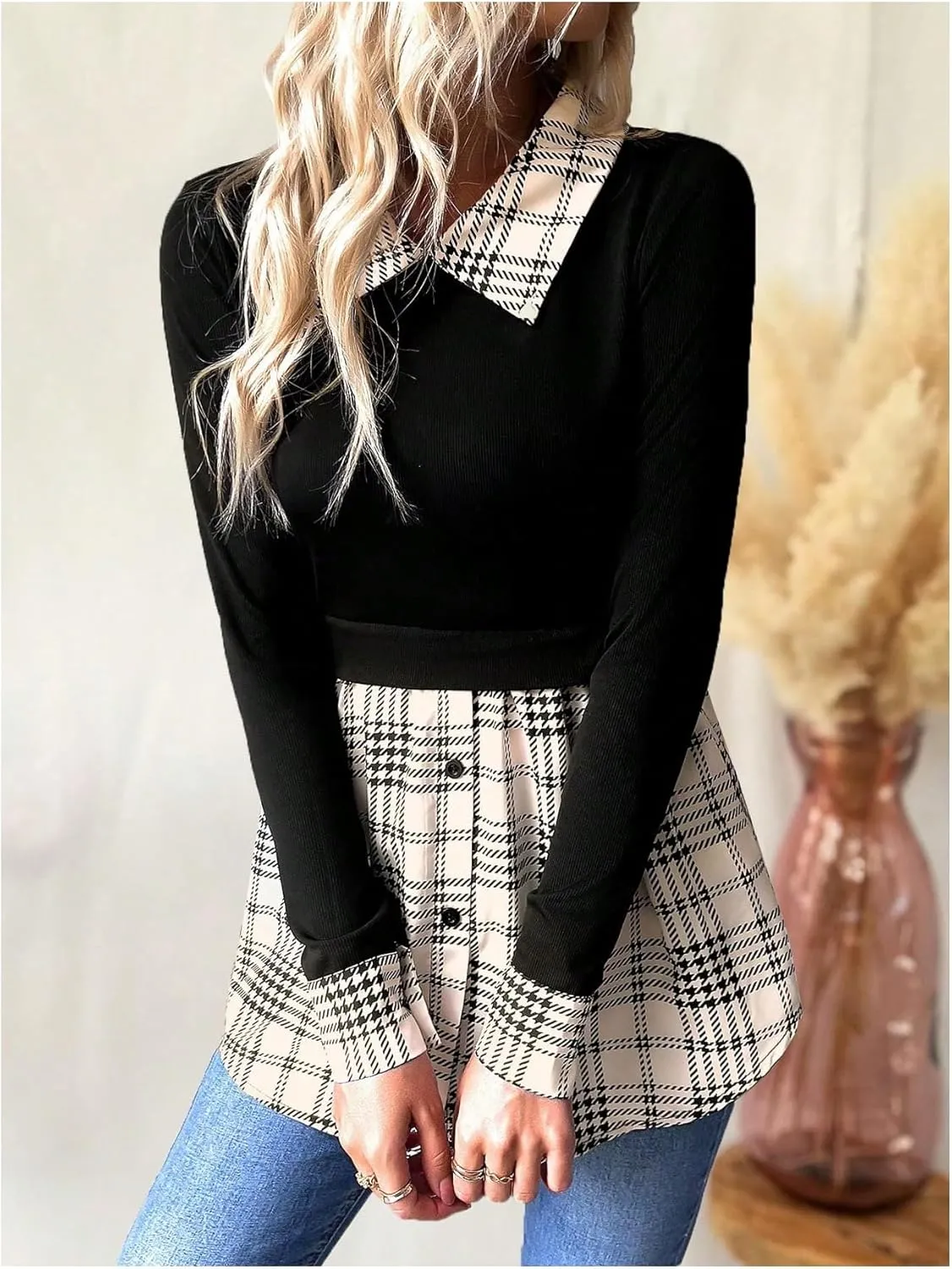 GORGLITTER Women's Button Down Patchwork 2 in 1 Peplum Blouse Top Long Sleeve Collared Tunics Shirt