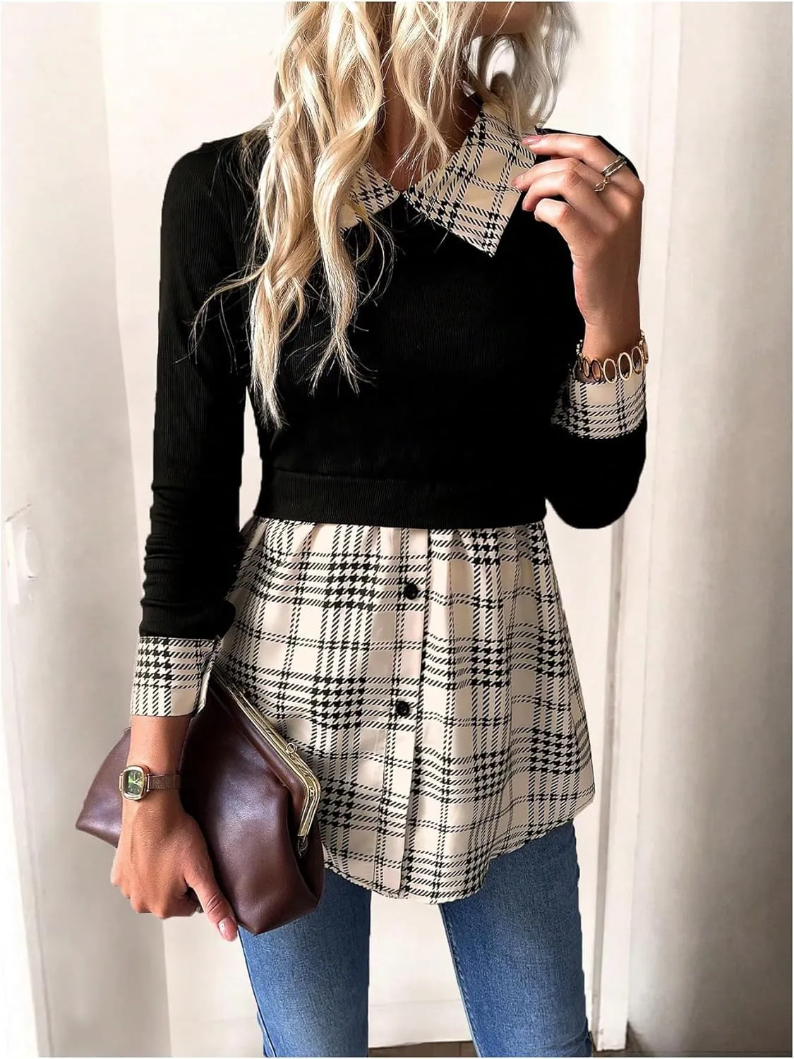 GORGLITTER Women's Button Down Patchwork 2 in 1 Peplum Blouse Top Long Sleeve Collared Tunics Shirt