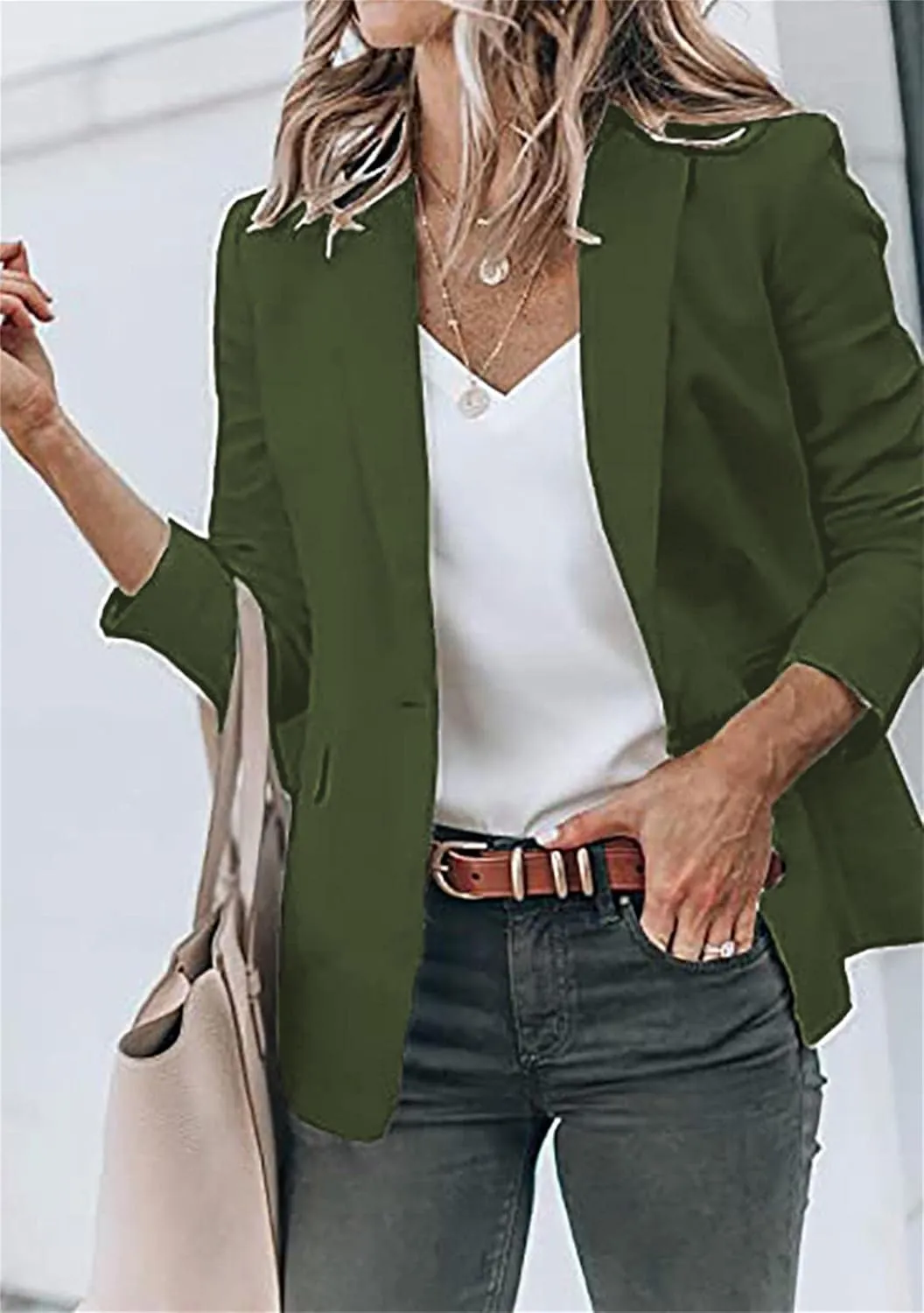 GORIFE Women's Casual Long Sleeve Button Lapel Blazer Jacket Loose Solid Color Work Office Blazer Coat