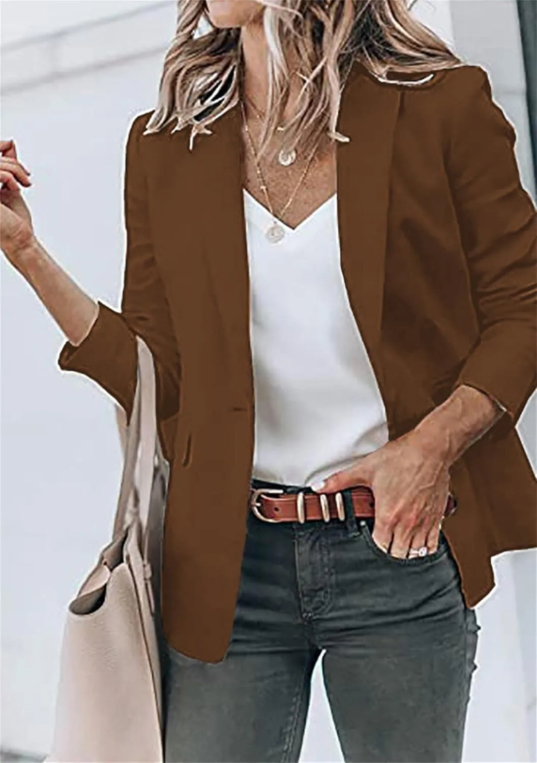GORIFE Women's Casual Long Sleeve Button Lapel Blazer Jacket Loose Solid Color Work Office Blazer Coat